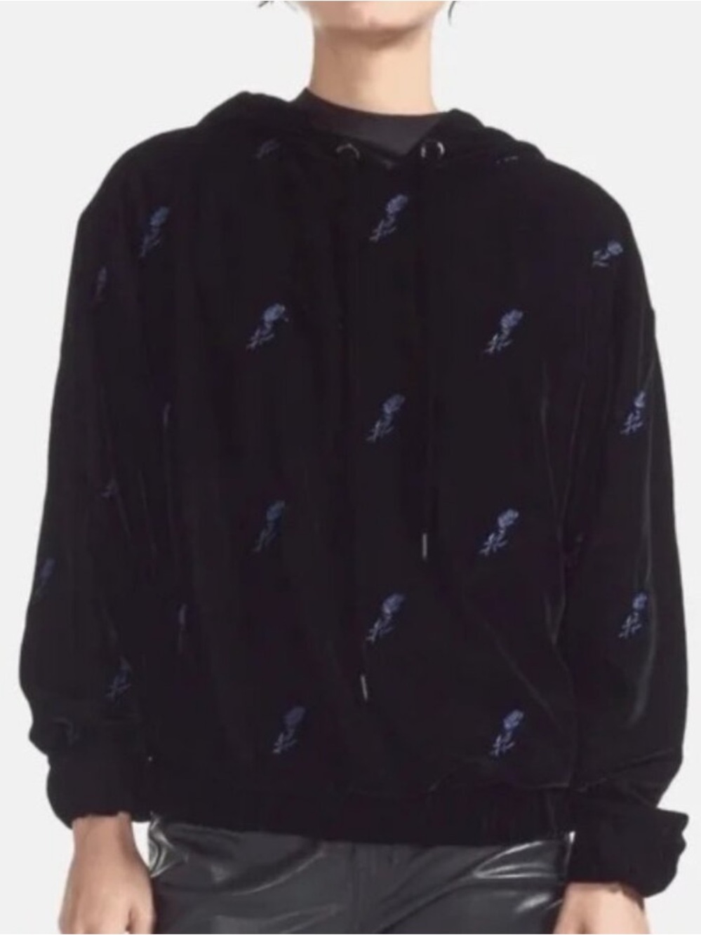 Maje Black Velour Hoodie Sweater with Blue Flowers Embroidery Motifs